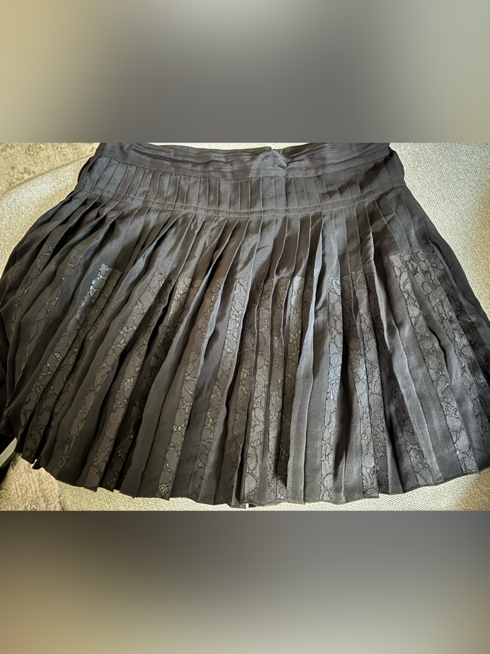 Vanessa Bruno Black Silk Pleated Lace Panel Skirt